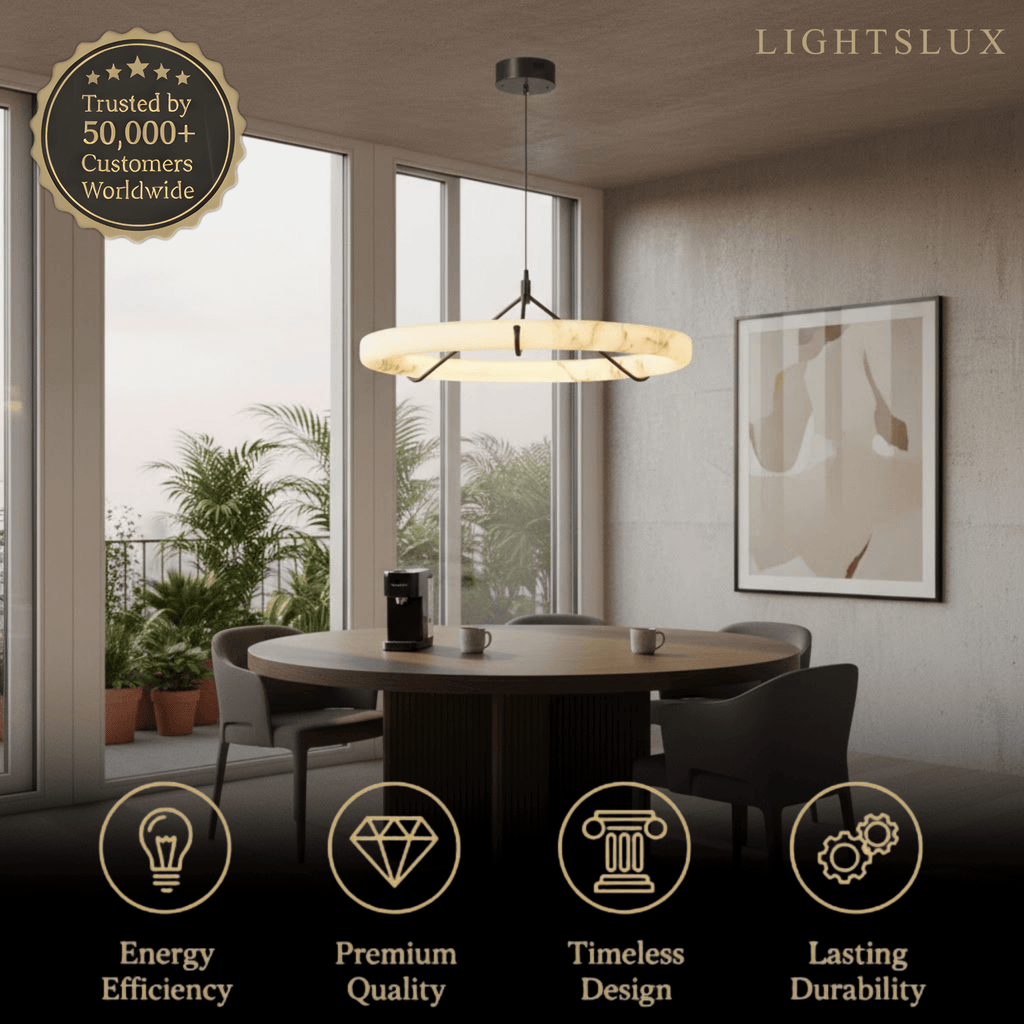 Modern Alabaster Ring Pendant Lamp — Hand-Carved Stone & Black Metal for Dining Room - Flindria