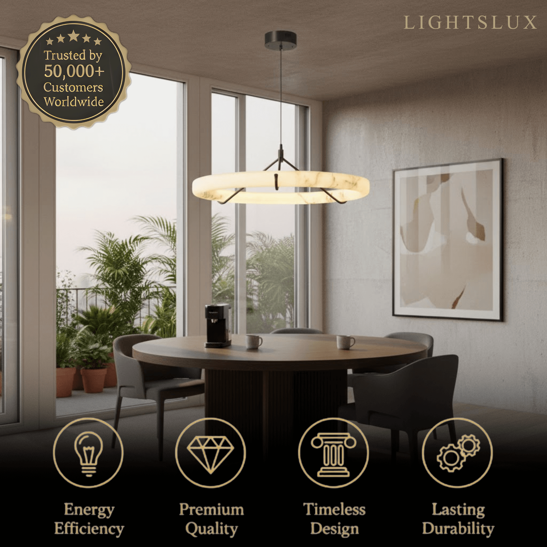 Modern Alabaster Ring Pendant Lamp — Hand-Carved Stone & Black Metal for Dining Room - Flindria