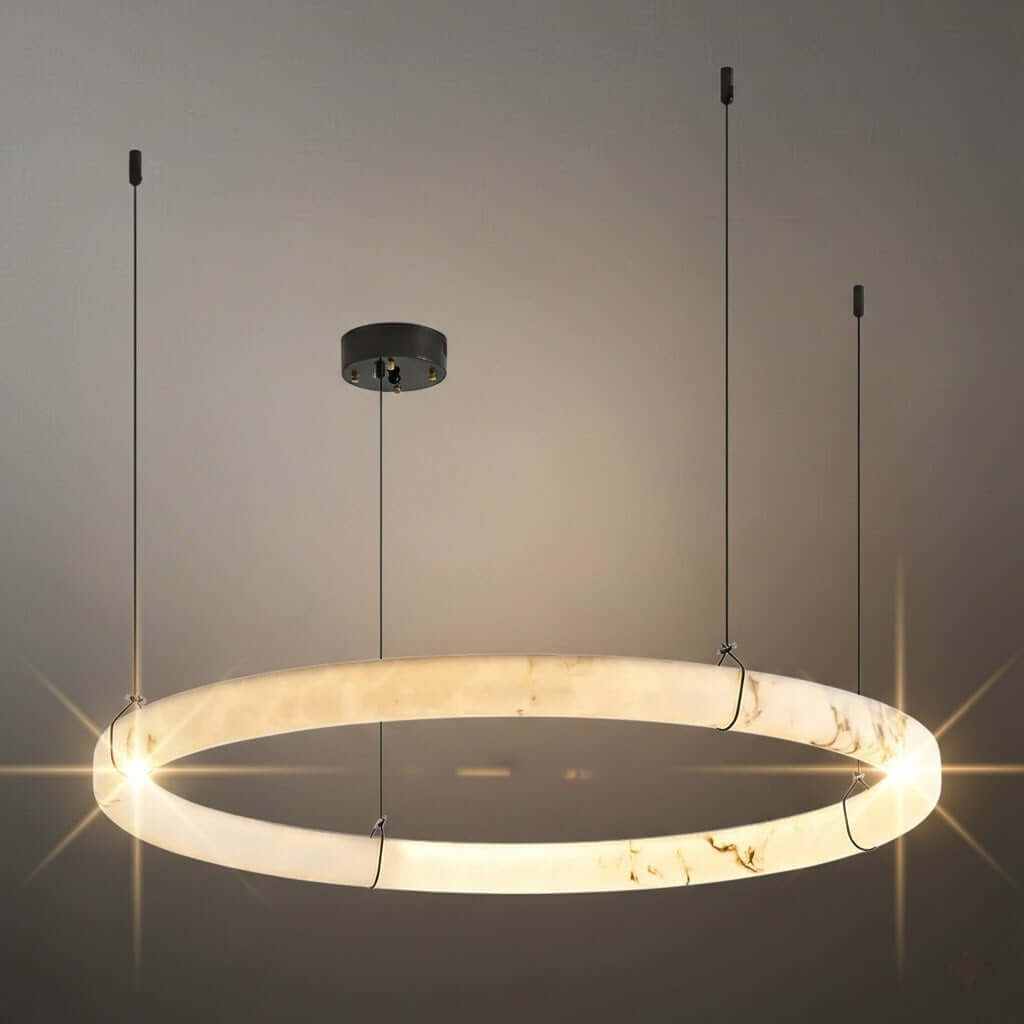 Modern Alabaster Ring Pendant Lamp — Hand-Carved Stone & Black Metal for Dining Room - Flindria