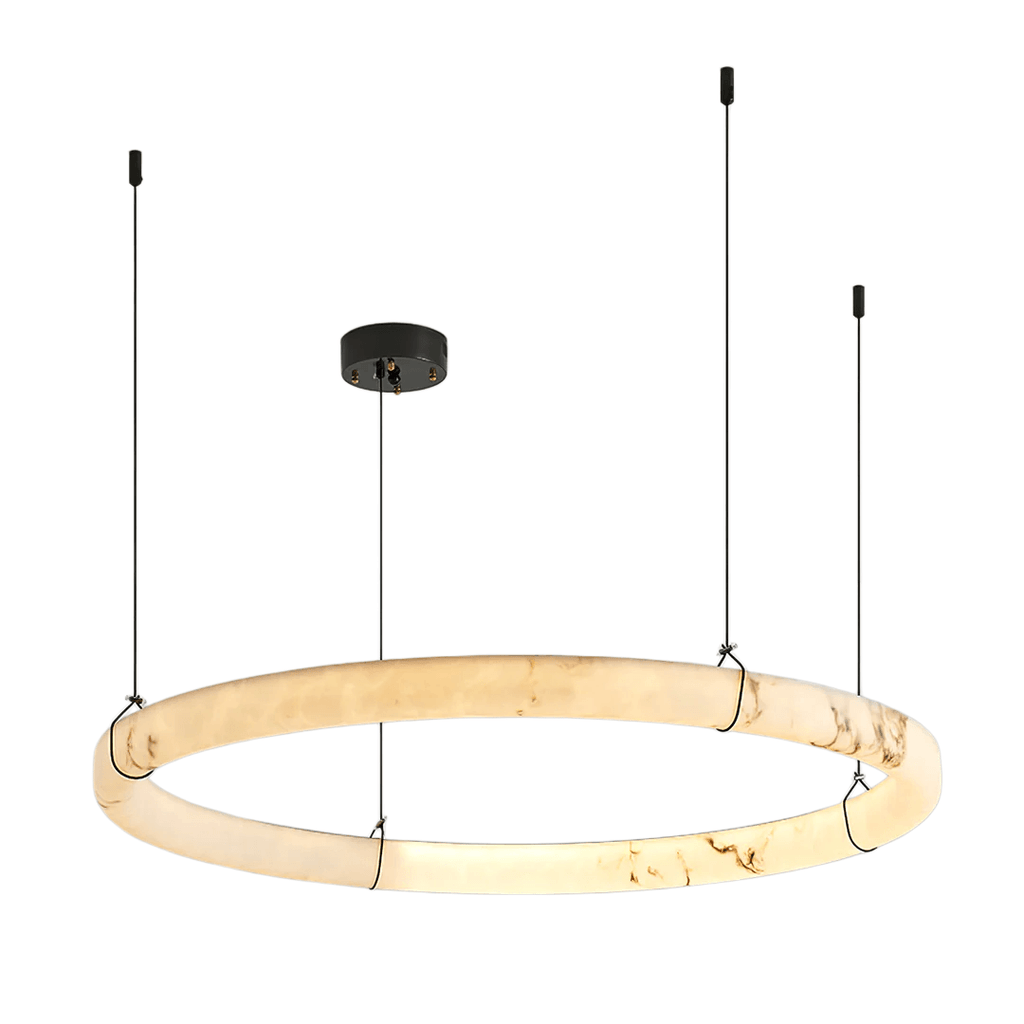 Modern Alabaster Ring Pendant Lamp — Hand-Carved Stone & Black Metal for Dining Room - Flindria