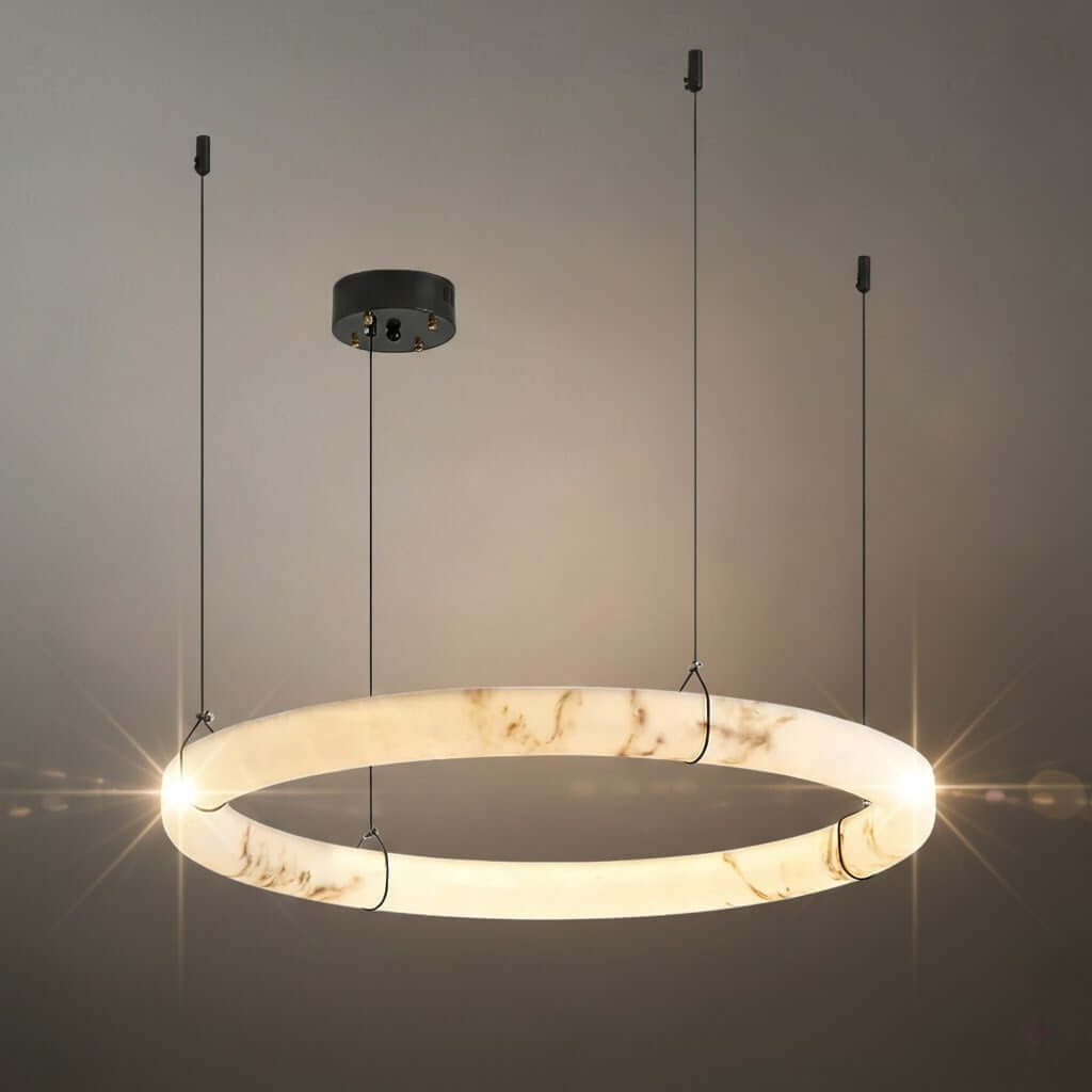 Modern Alabaster Ring Pendant Lamp — Hand-Carved Stone & Black Metal for Dining Room - Flindria