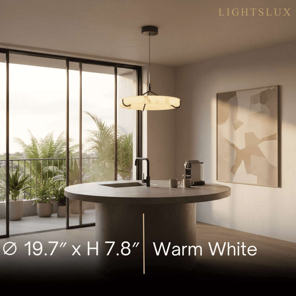 Modern Alabaster Ring Pendant Lamp — Hand-Carved Stone & Black Metal for Dining Room - Flindria