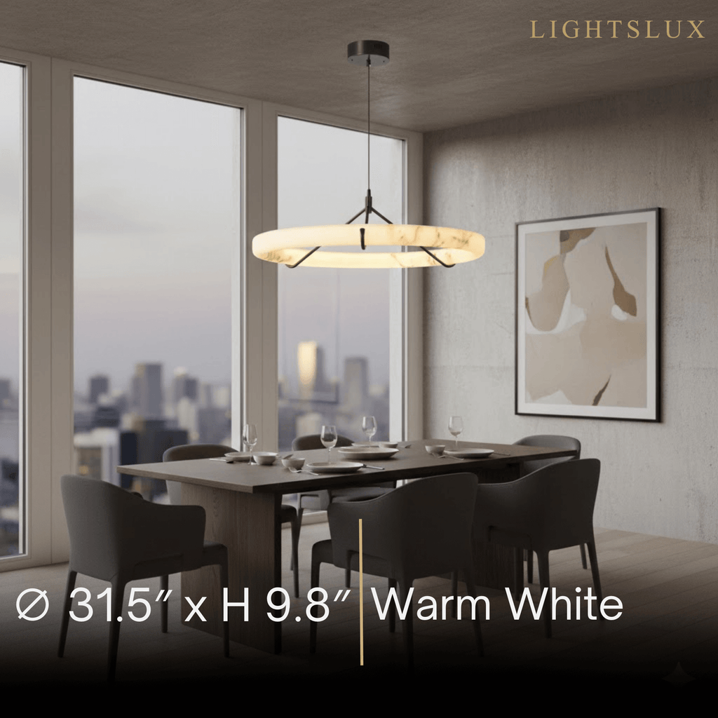 Modern Alabaster Ring Pendant Lamp — Hand-Carved Stone & Black Metal for Dining Room - Flindria