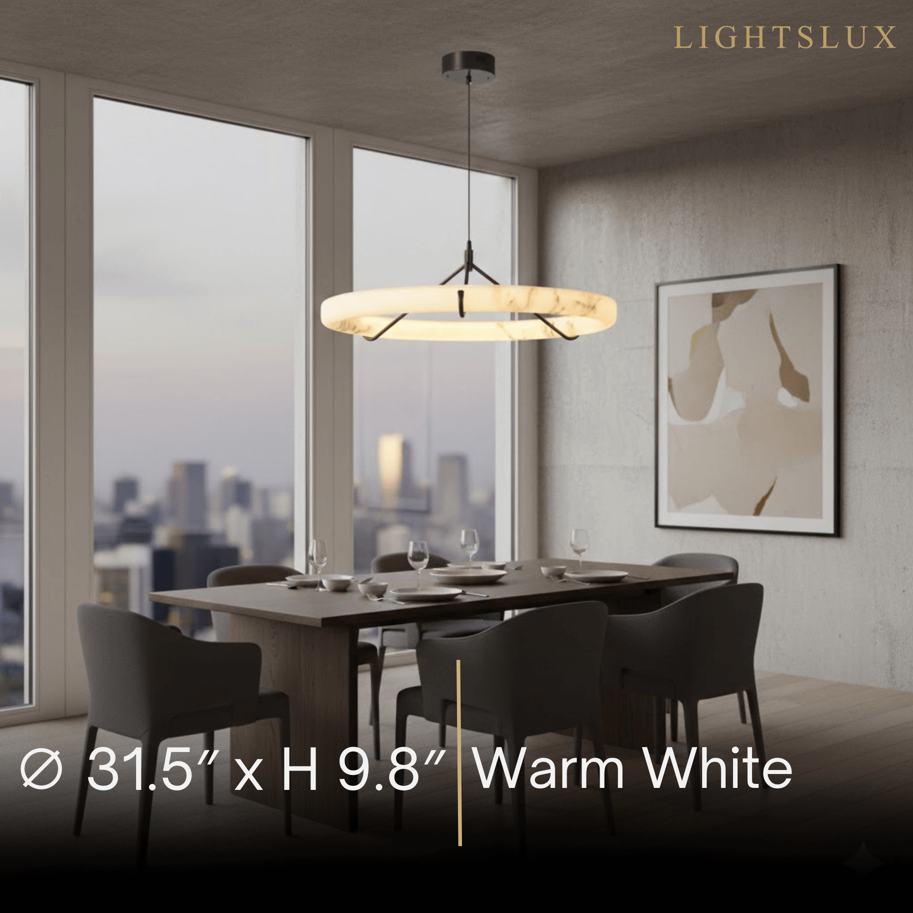 Modern Alabaster Ring Pendant Lamp — Hand-Carved Stone & Black Metal for Dining Room - Flindria