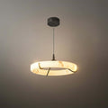 Modern Alabaster Ring Pendant Lamp — Hand-Carved Stone & Black Metal for Dining Room - Flindria