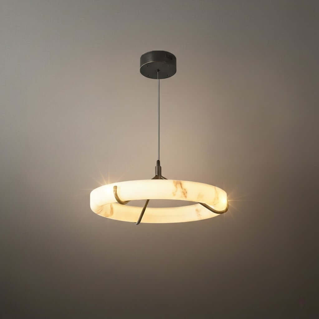 Modern Alabaster Ring Pendant Lamp — Hand-Carved Stone & Black Metal for Dining Room - Flindria