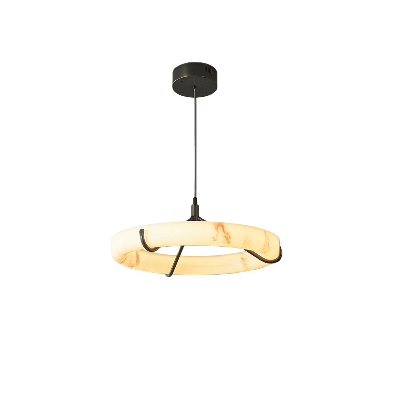 Modern Alabaster Ring Pendant Lamp — Hand-Carved Stone & Black Metal for Dining Room - Flindria