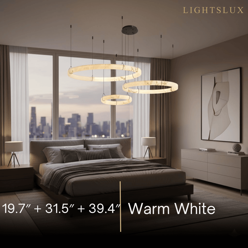 Modern Alabaster Ring Pendant Lamp — Hand-Carved Stone & Black Metal for Dining Room - Flindria