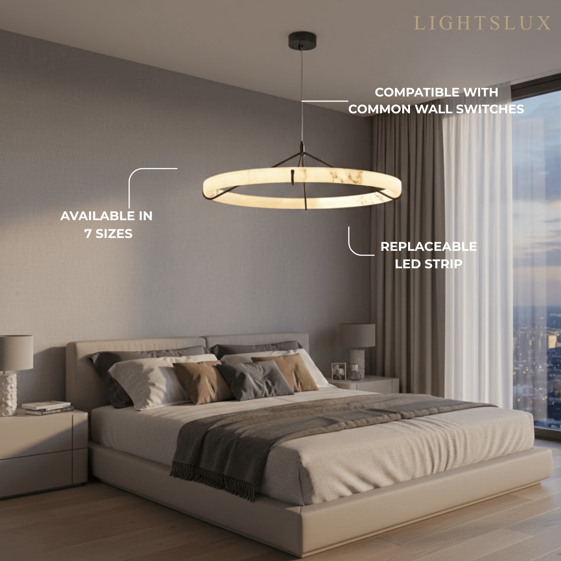 Modern Alabaster Ring Pendant Lamp — Hand-Carved Stone & Black Metal for Dining Room - Flindria