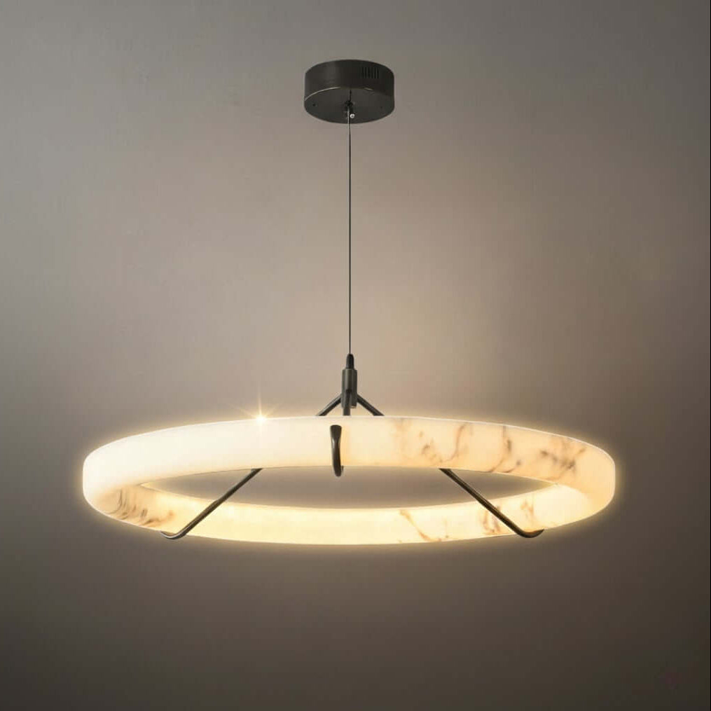 Modern Alabaster Ring Pendant Lamp — Hand-Carved Stone & Black Metal for Dining Room - Flindria