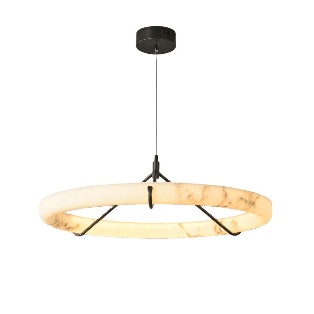 Modern Alabaster Ring Pendant Lamp — Hand-Carved Stone & Black Metal for Dining Room - Flindria