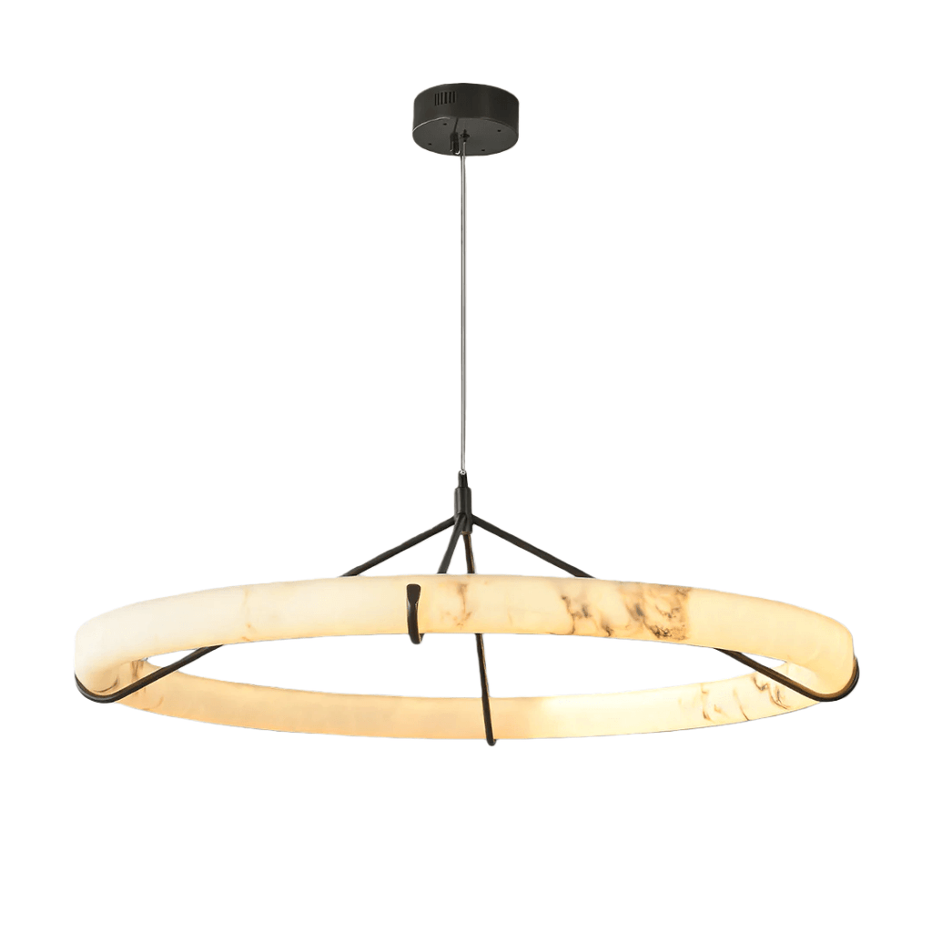 Modern Alabaster Ring Pendant Lamp — Hand-Carved Stone & Black Metal for Dining Room - Flindria