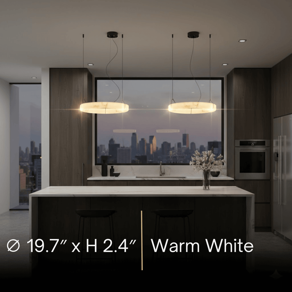 Modern Alabaster Ring Pendant Lamp — Hand-Carved Stone & Black Metal for Dining Room - Flindria