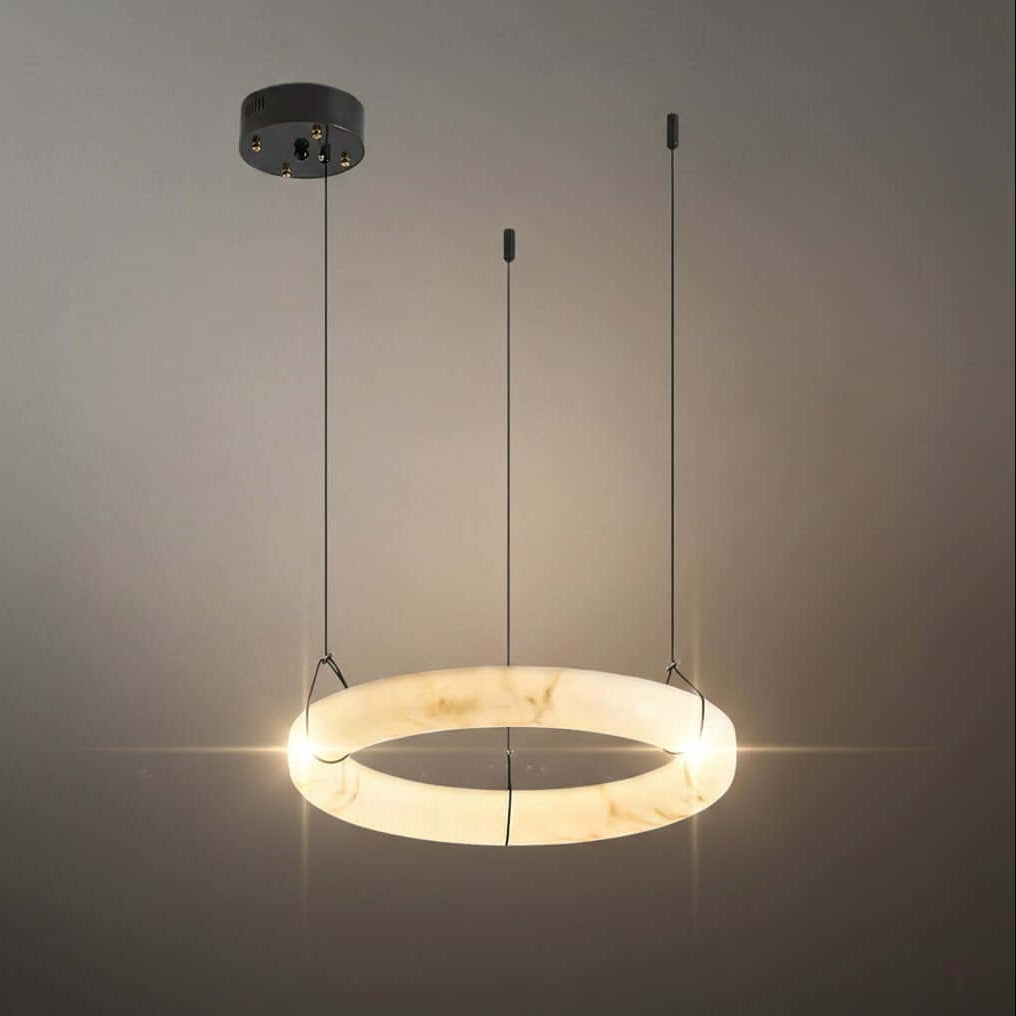 Modern Alabaster Ring Pendant Lamp — Hand-Carved Stone & Black Metal for Dining Room - Flindria