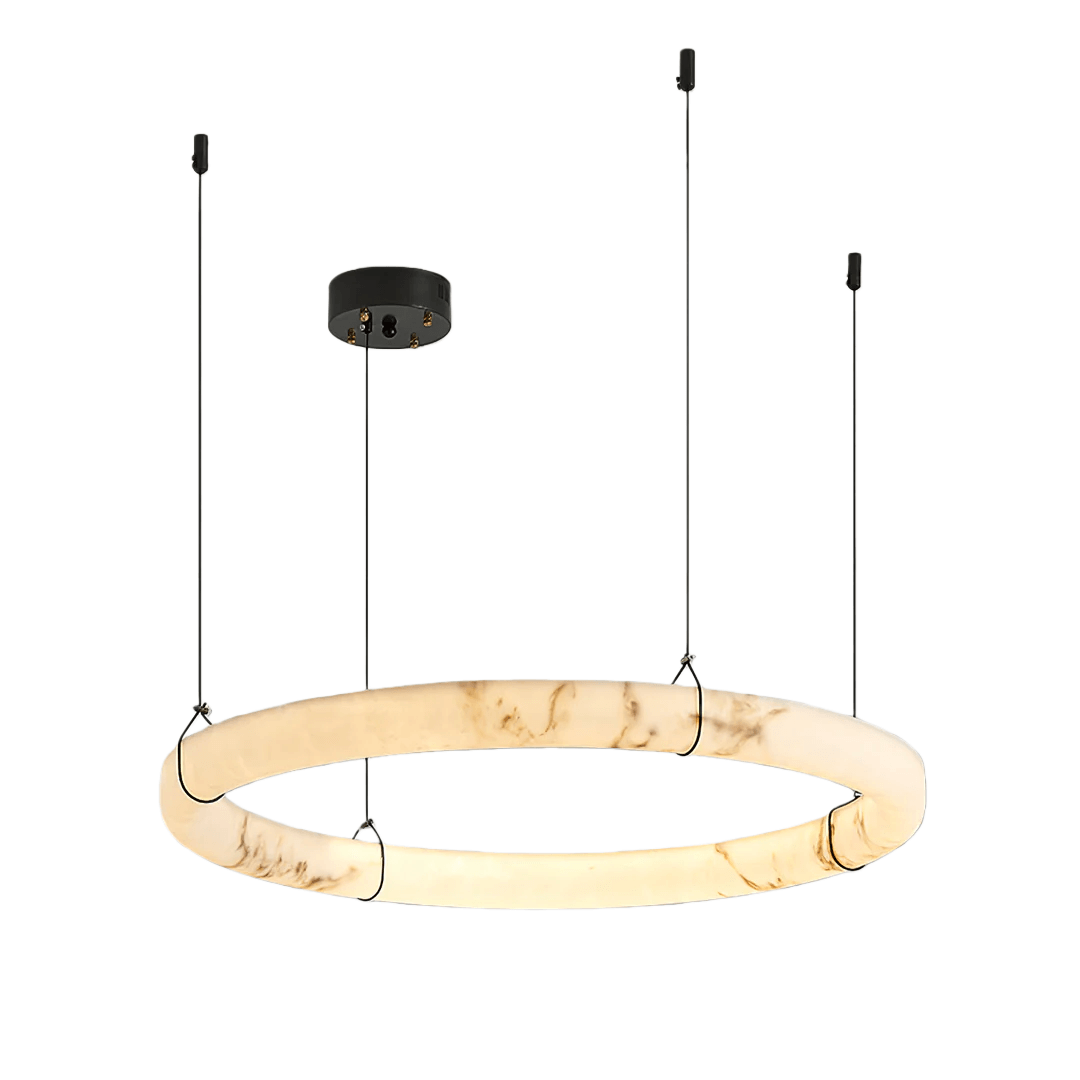 Modern Alabaster Ring Pendant Lamp — Hand-Carved Stone & Black Metal for Dining Room - Flindria