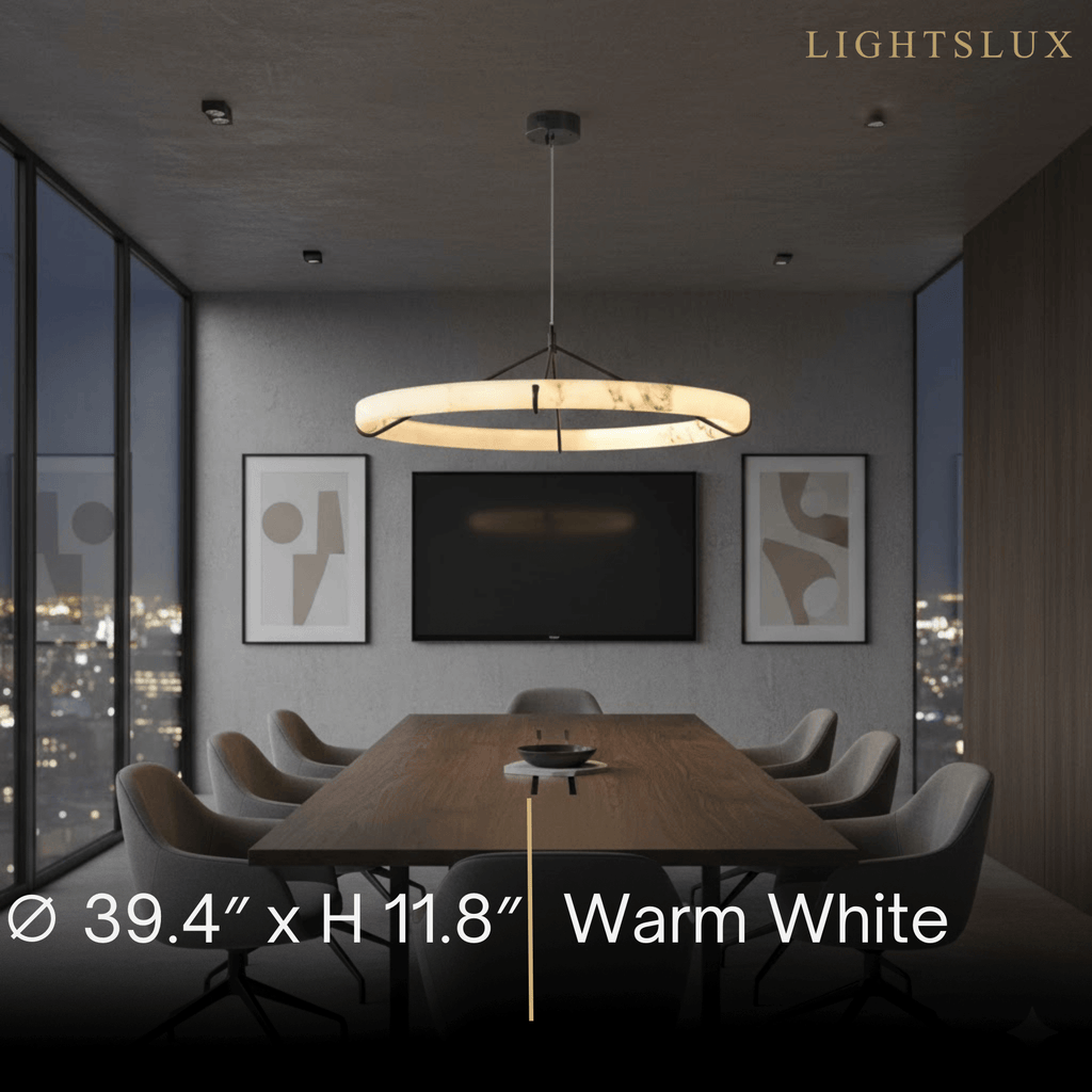 Modern Alabaster Ring Pendant Lamp — Hand-Carved Stone & Black Metal for Dining Room - Flindria