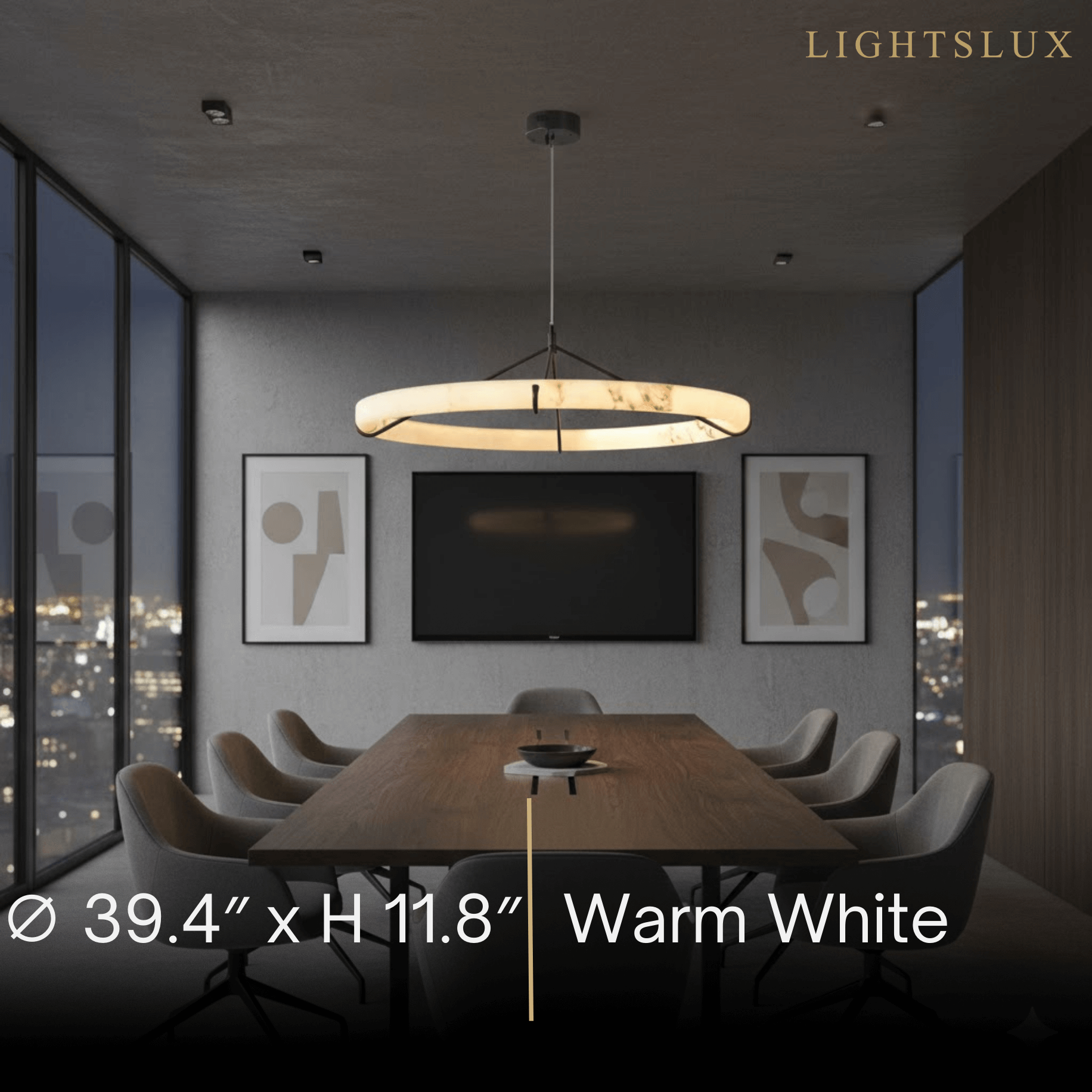Modern Alabaster Ring Pendant Lamp — Hand-Carved Stone & Black Metal for Dining Room - Flindria