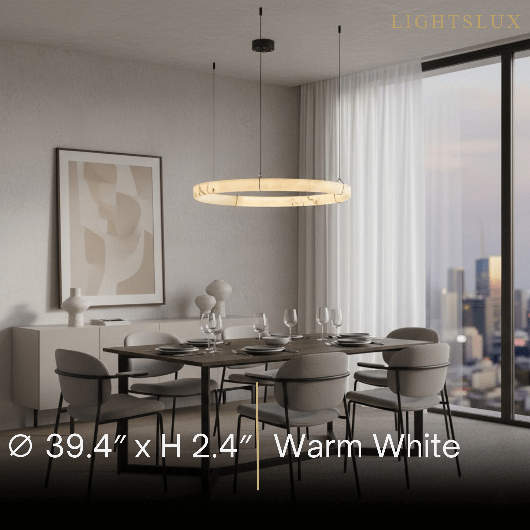 Modern Alabaster Ring Pendant Lamp — Hand-Carved Stone & Black Metal for Dining Room - Flindria