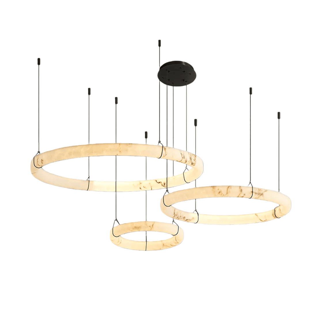 Modern Alabaster Ring Pendant Lamp — Hand-Carved Stone & Black Metal for Dining Room - Flindria