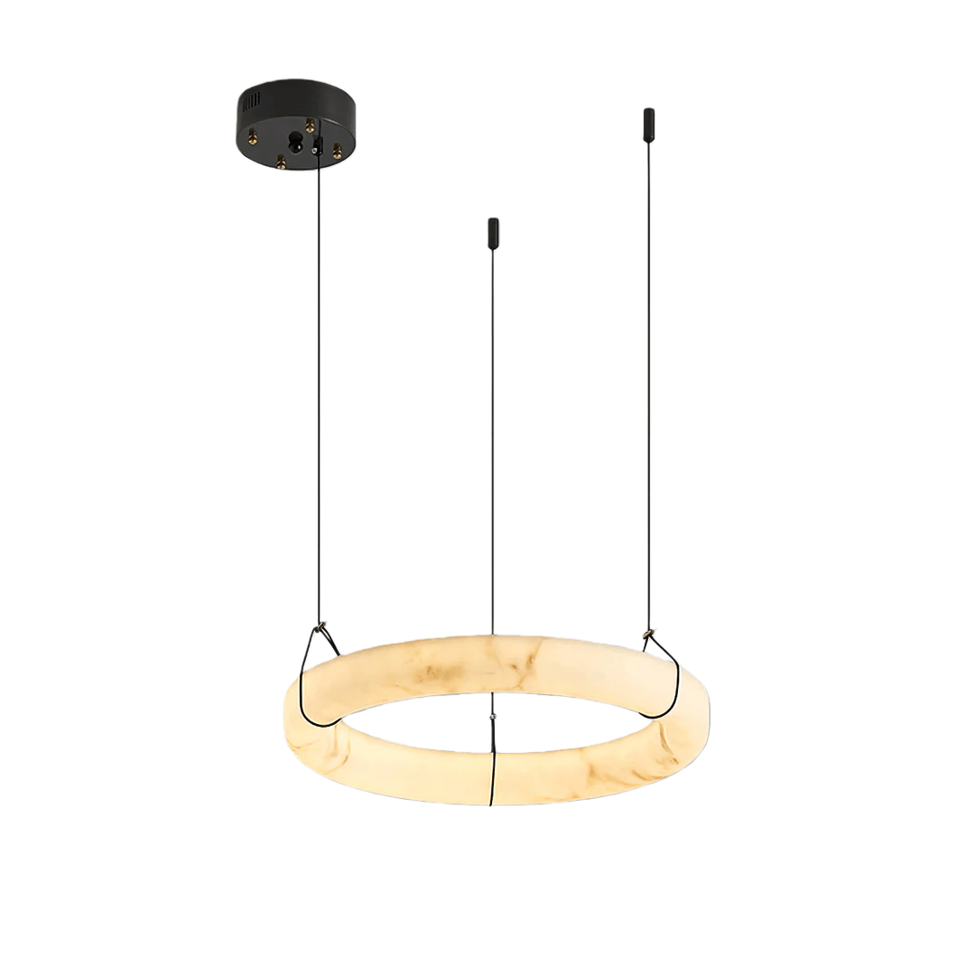 Modern Alabaster Ring Pendant Lamp — Hand-Carved Stone & Black Metal for Dining Room - Flindria