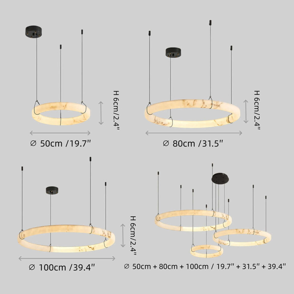 Modern Alabaster Ring Pendant Lamp — Hand-Carved Stone & Black Metal for Dining Room - Flindria