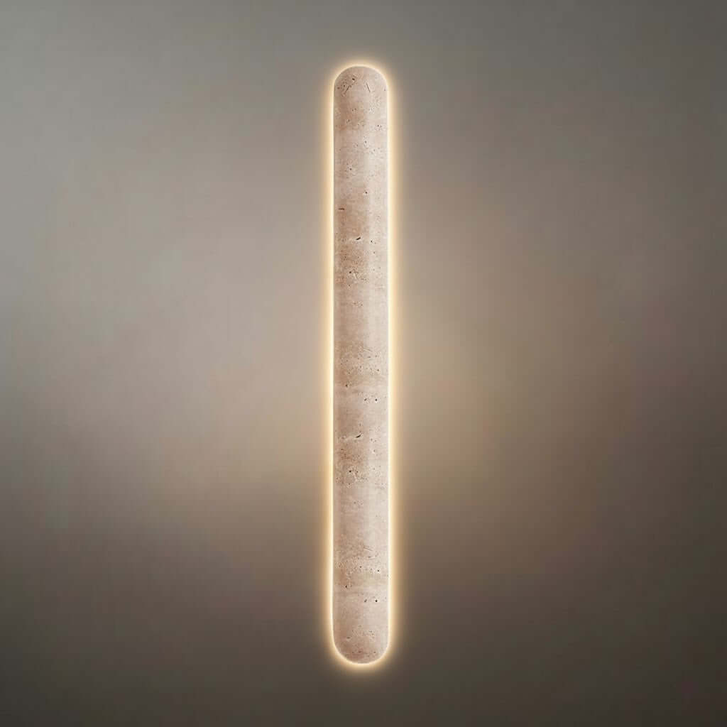 Minimalist Travertine Pillar Wall Lamp — Slender Carved Stone with Back Glow - Flindria