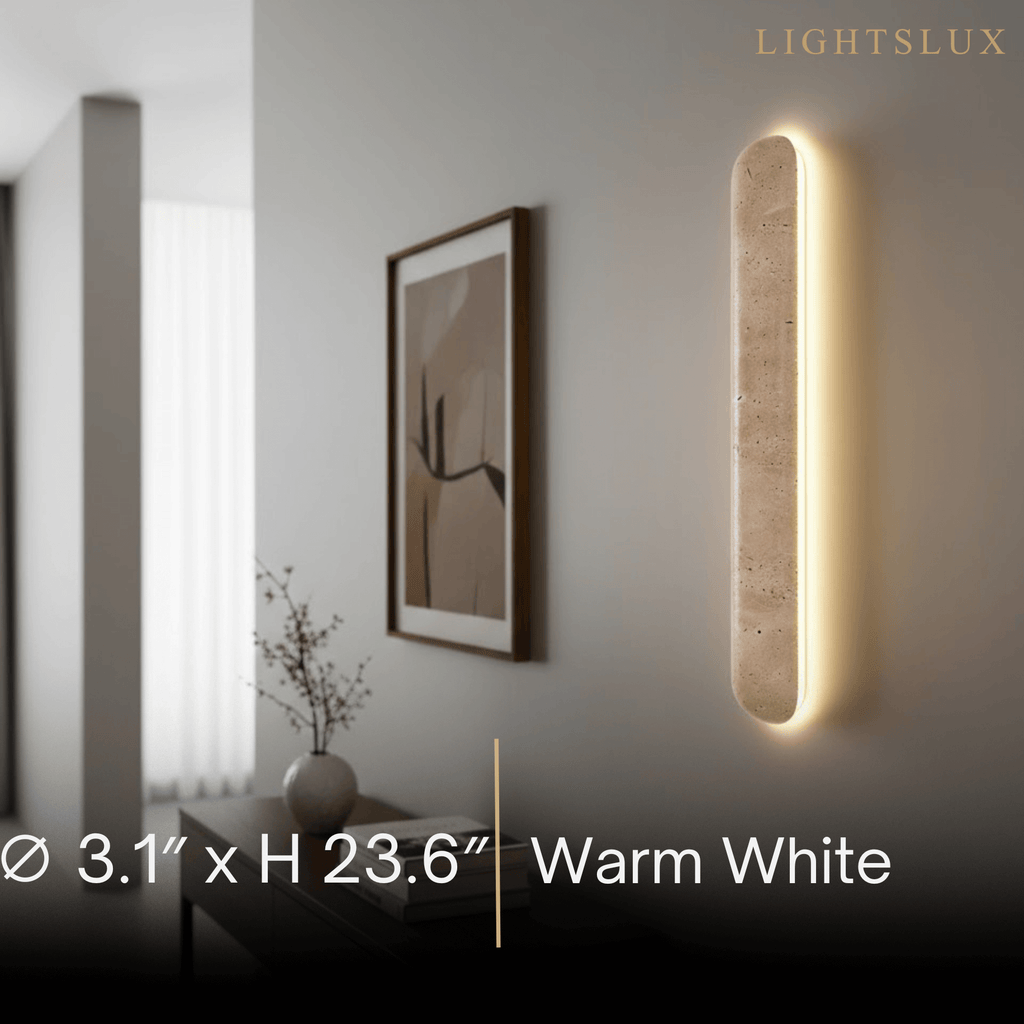 Minimalist Travertine Pillar Wall Lamp — Slender Carved Stone with Back Glow - Flindria