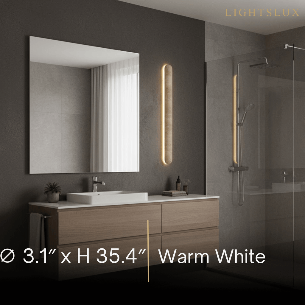 Minimalist Travertine Pillar Wall Lamp — Slender Carved Stone with Back Glow - Flindria