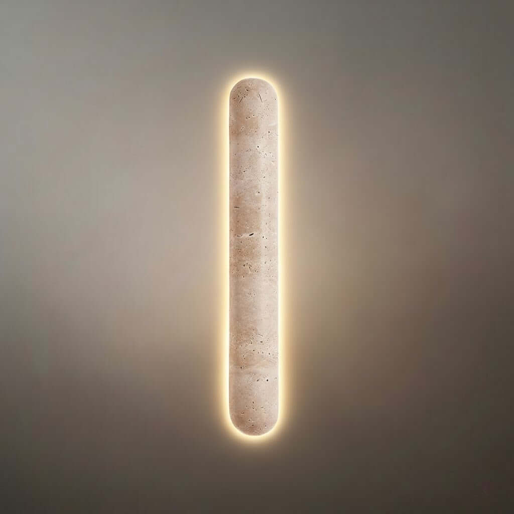 Minimalist Travertine Pillar Wall Lamp — Slender Carved Stone with Back Glow - Flindria
