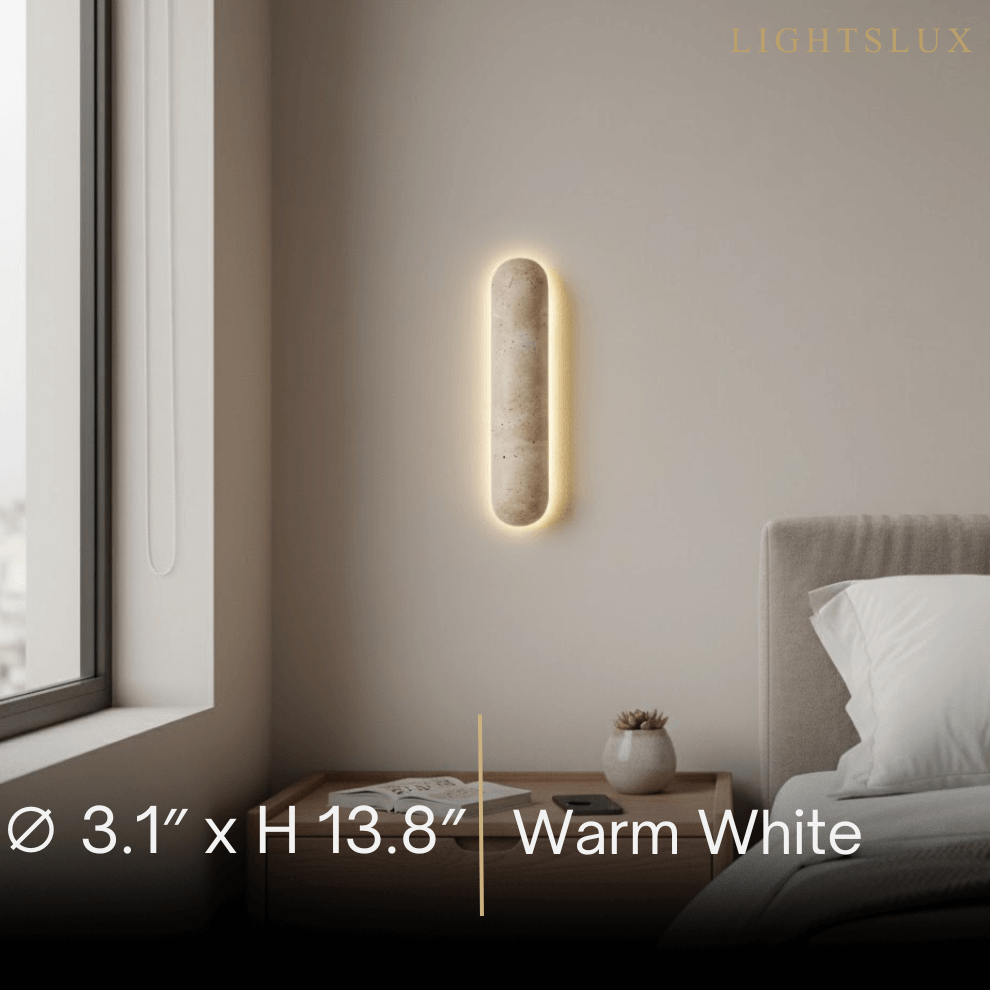 Minimalist Travertine Pillar Wall Lamp — Slender Carved Stone with Back Glow - Flindria