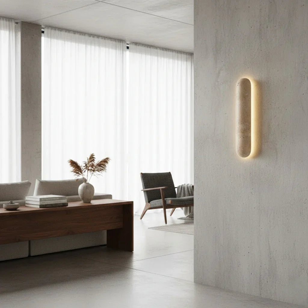 Minimalist Travertine Pillar Wall Lamp — Slender Carved Stone with Back Glow - Flindria