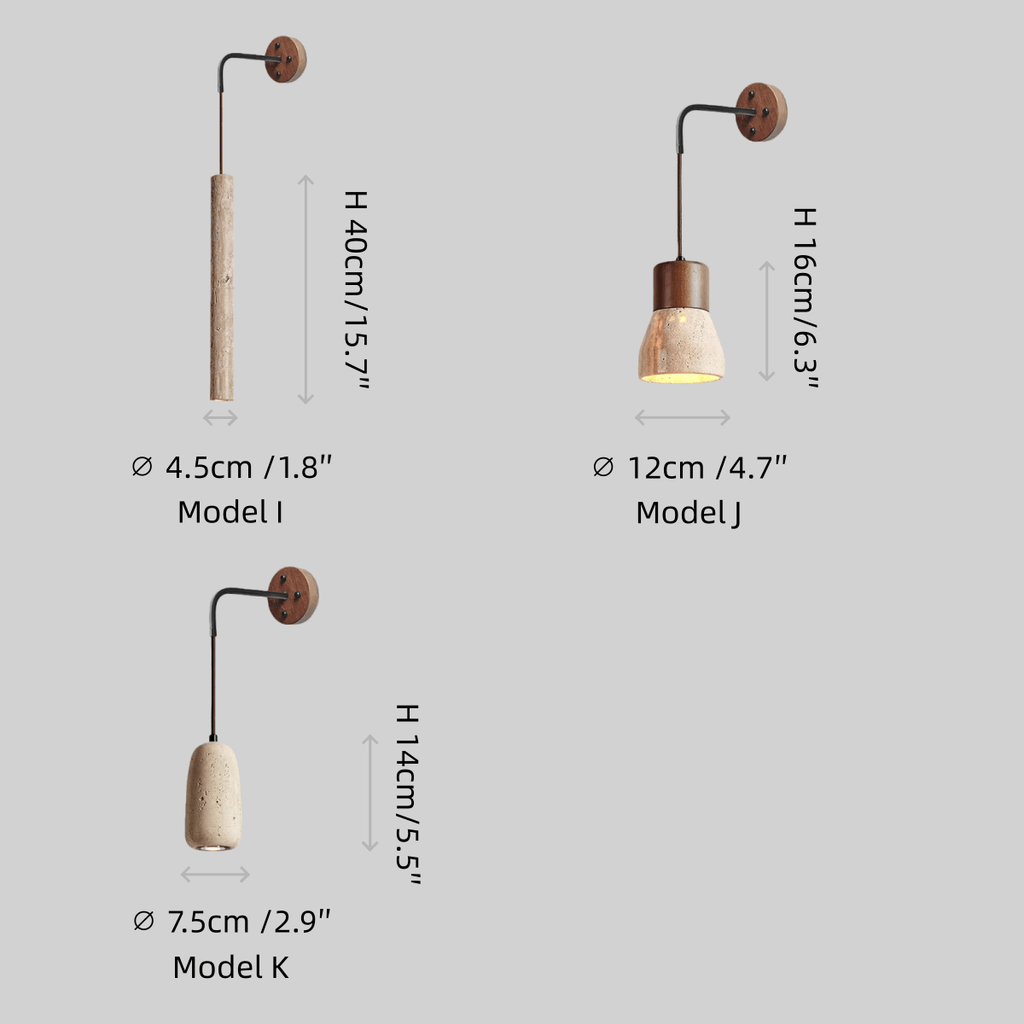 Lámpara de pared orgánica — Pantalla de travertino con casquillo de madera de nogal para mesita de noche - Flindria