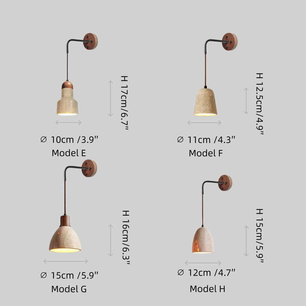 Lámpara de pared orgánica — Pantalla de travertino con casquillo de madera de nogal para mesita de noche - Flindria