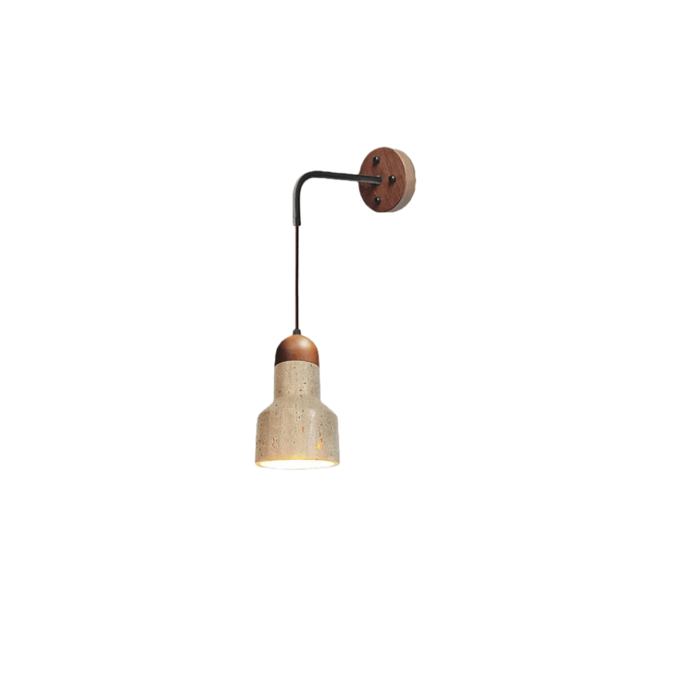 Lámpara de pared orgánica — Pantalla de travertino con casquillo de madera de nogal para mesita de noche - Flindria