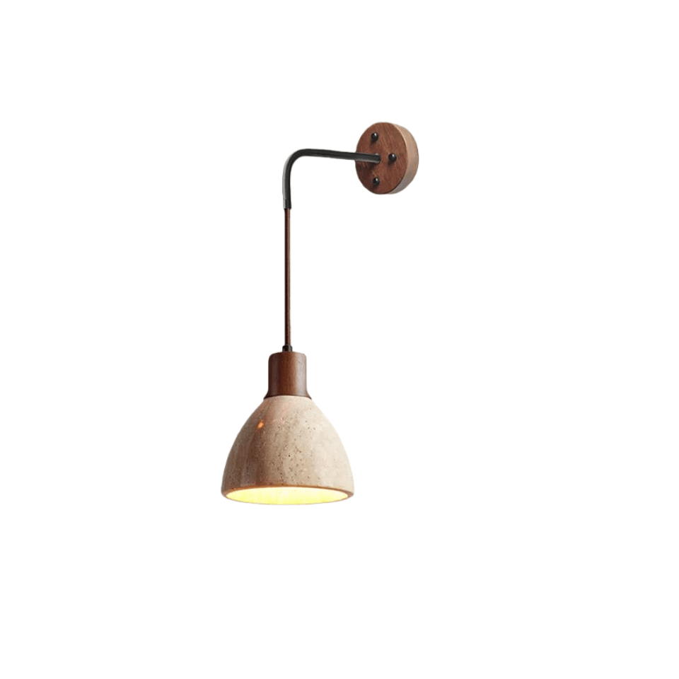 Lámpara de pared orgánica — Pantalla de travertino con casquillo de madera de nogal para mesita de noche - Flindria