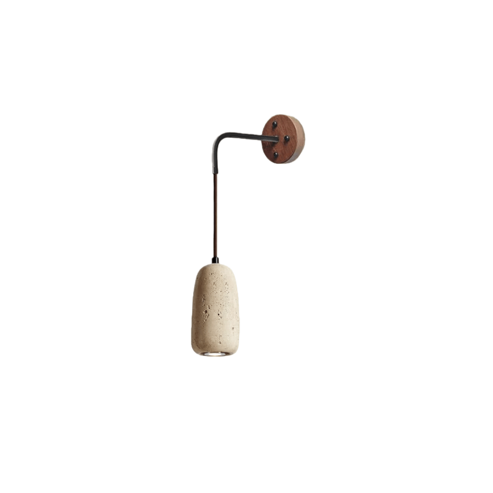 Lámpara de pared orgánica — Pantalla de travertino con casquillo de madera de nogal para mesita de noche - Flindria