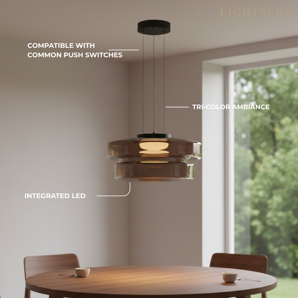 モダングラスペンダントライト – スモークグレー、グリーン、アンバーのブラックLED天井ランプ ダイニングルーム用 - Flindria