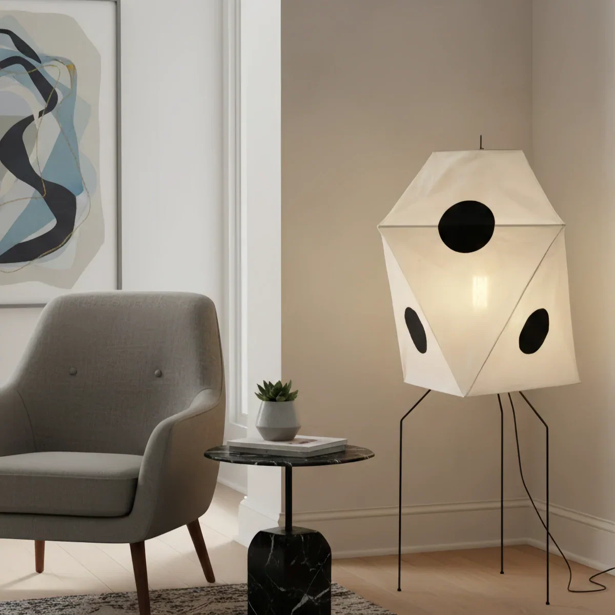 Japanese Rice Paper Floor Lamp — Translucent Angled Shade & Black Metal Frame - Flindria