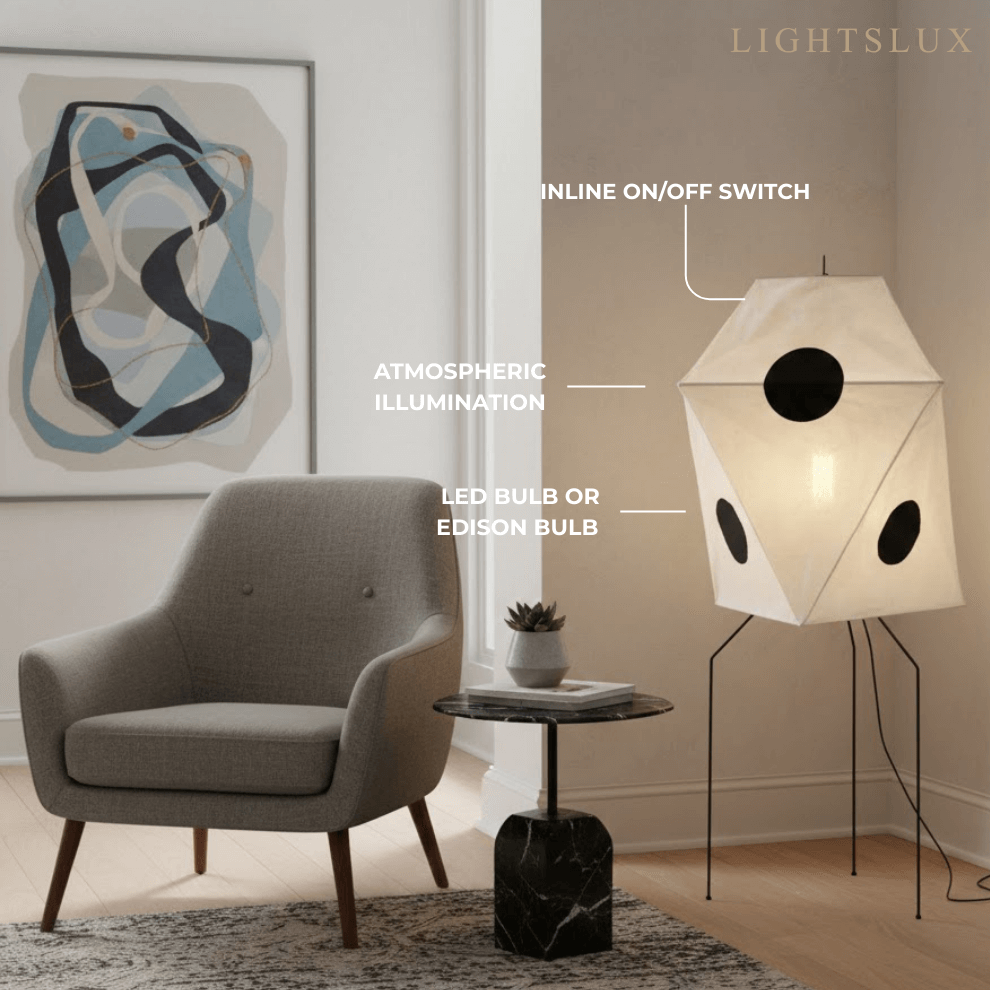Japanese Rice Paper Floor Lamp — Translucent Angled Shade & Black Metal Frame - Flindria
