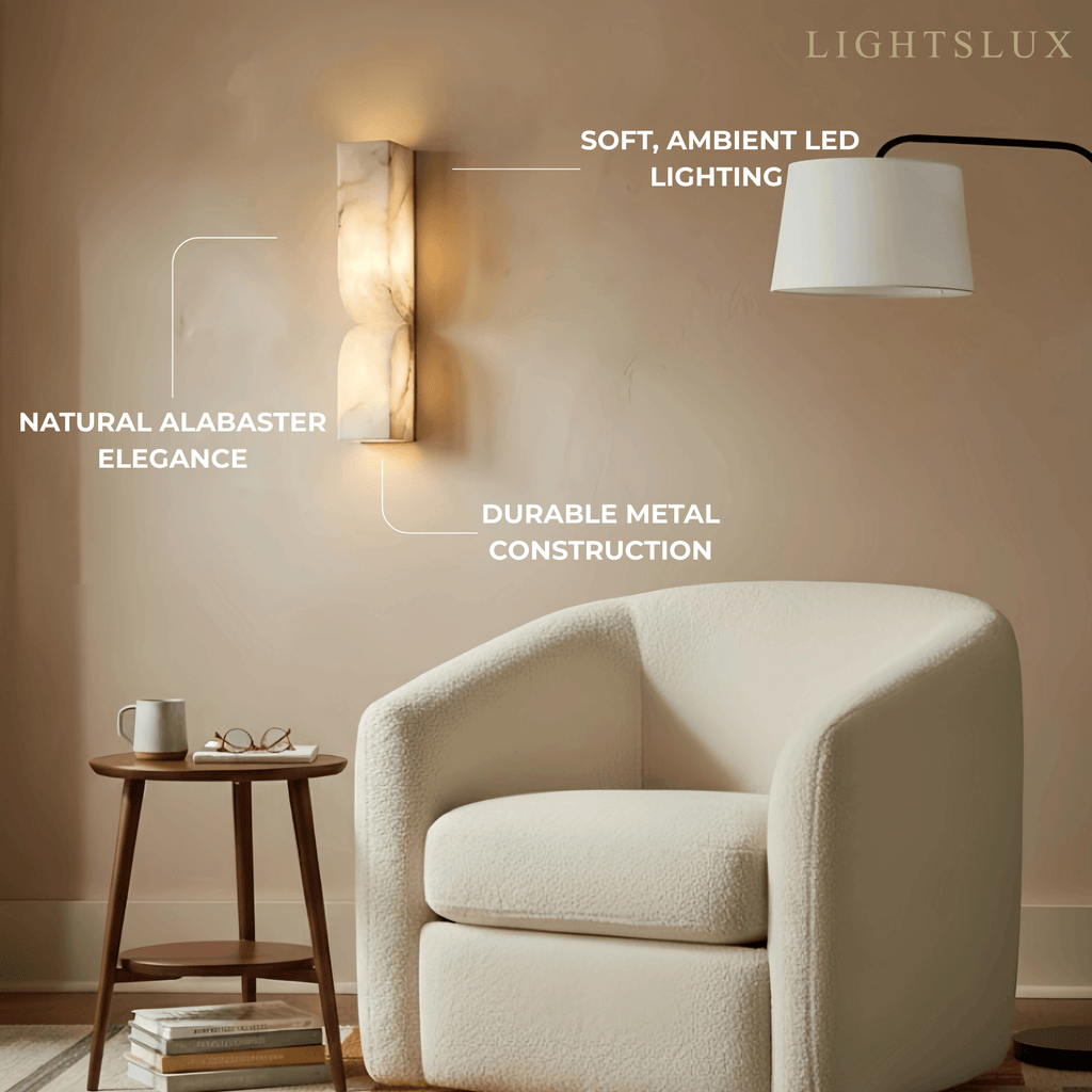 Modern Alabaster Wall Sconce – LED Stone Wall Light in Gold or Black for Living Room - Flindria
