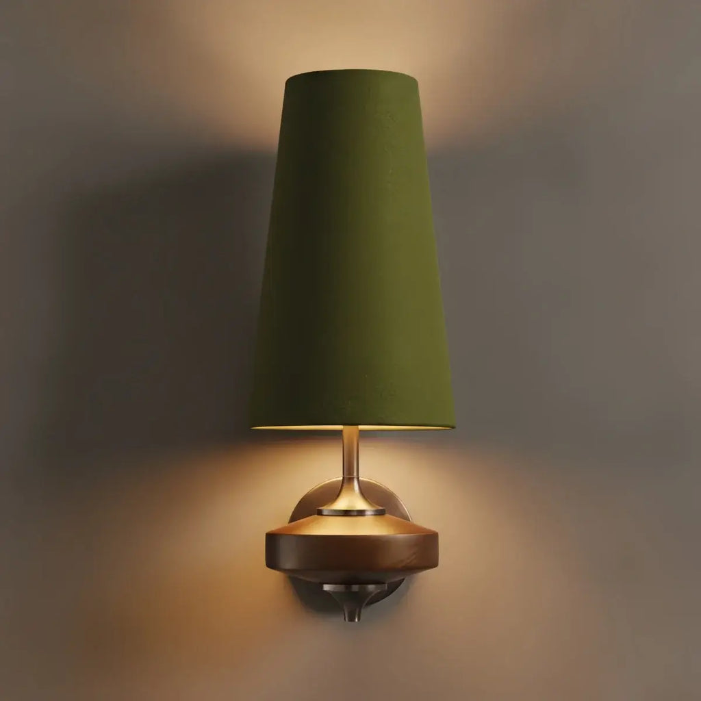 Mid-Century Wall Sconce – Fabric Shade and Wood Wall Light in Bronze for Bedroom - Flindria