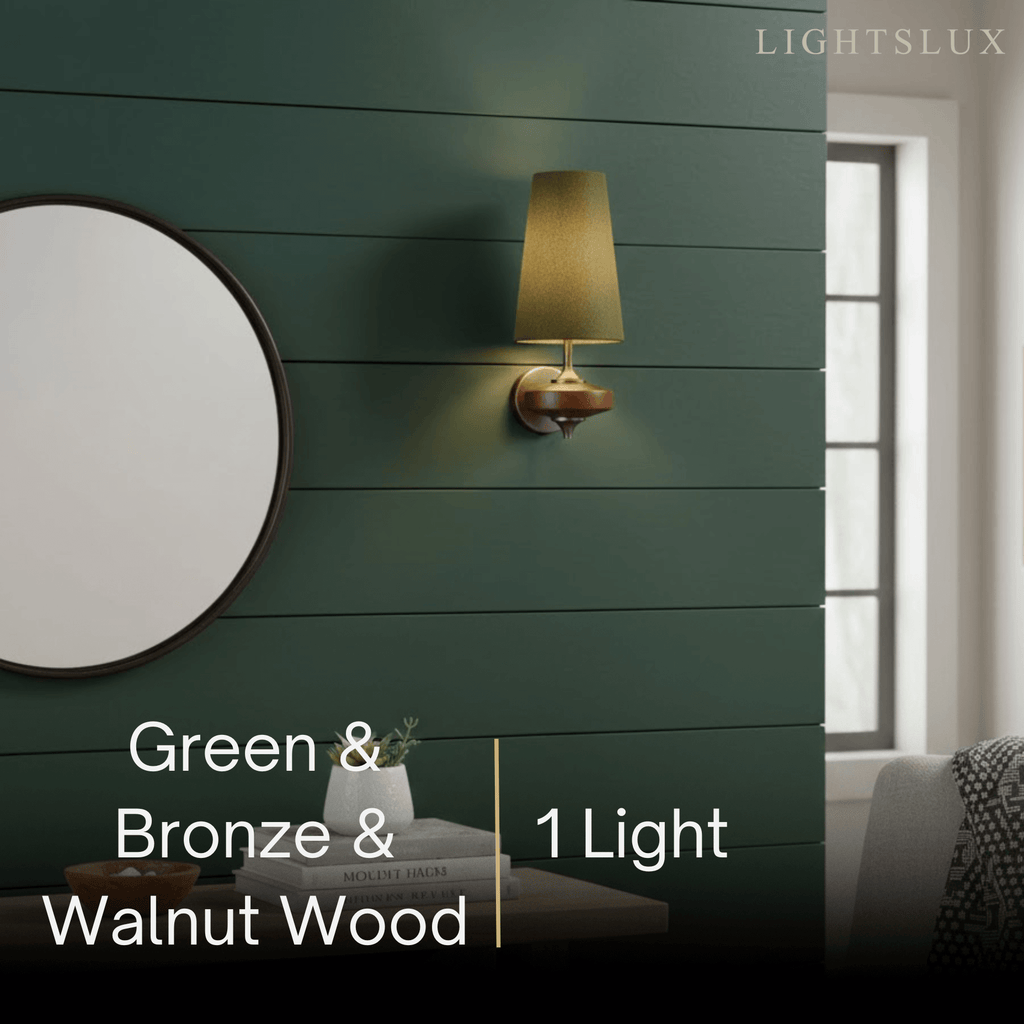 Mid-Century Wall Sconce – Fabric Shade and Wood Wall Light in Bronze for Bedroom - Flindria