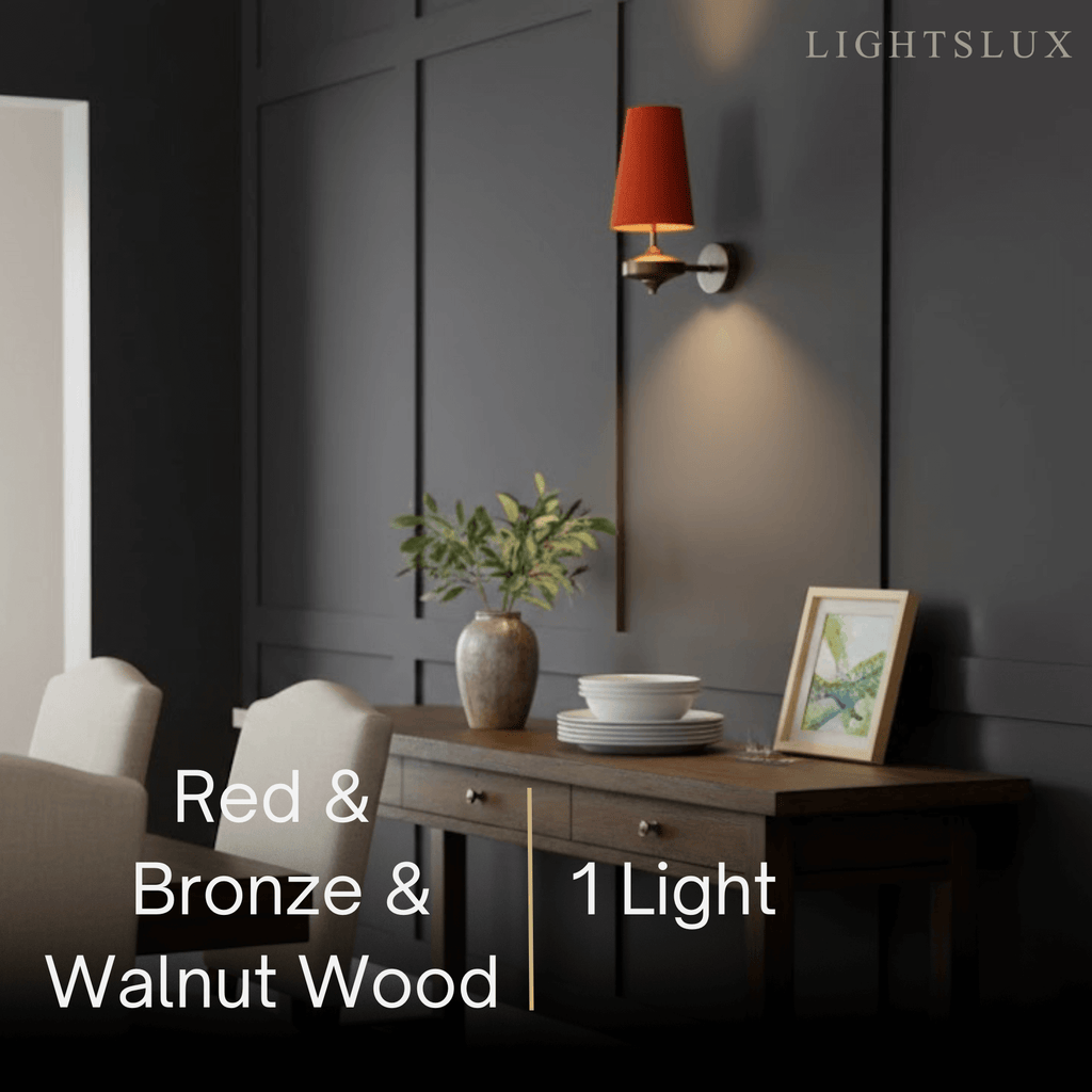 Mid-Century Wall Sconce – Fabric Shade and Wood Wall Light in Bronze for Bedroom - Flindria