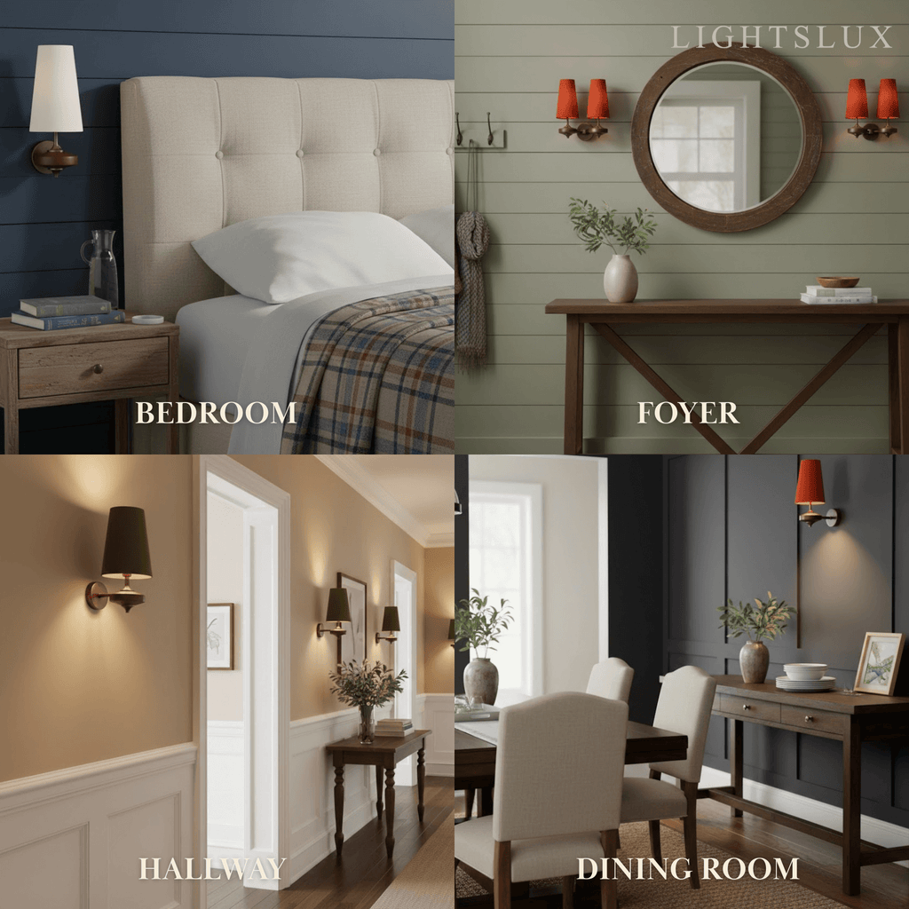 Mid-Century Wall Sconce – Fabric Shade and Wood Wall Light in Bronze for Bedroom - Flindria