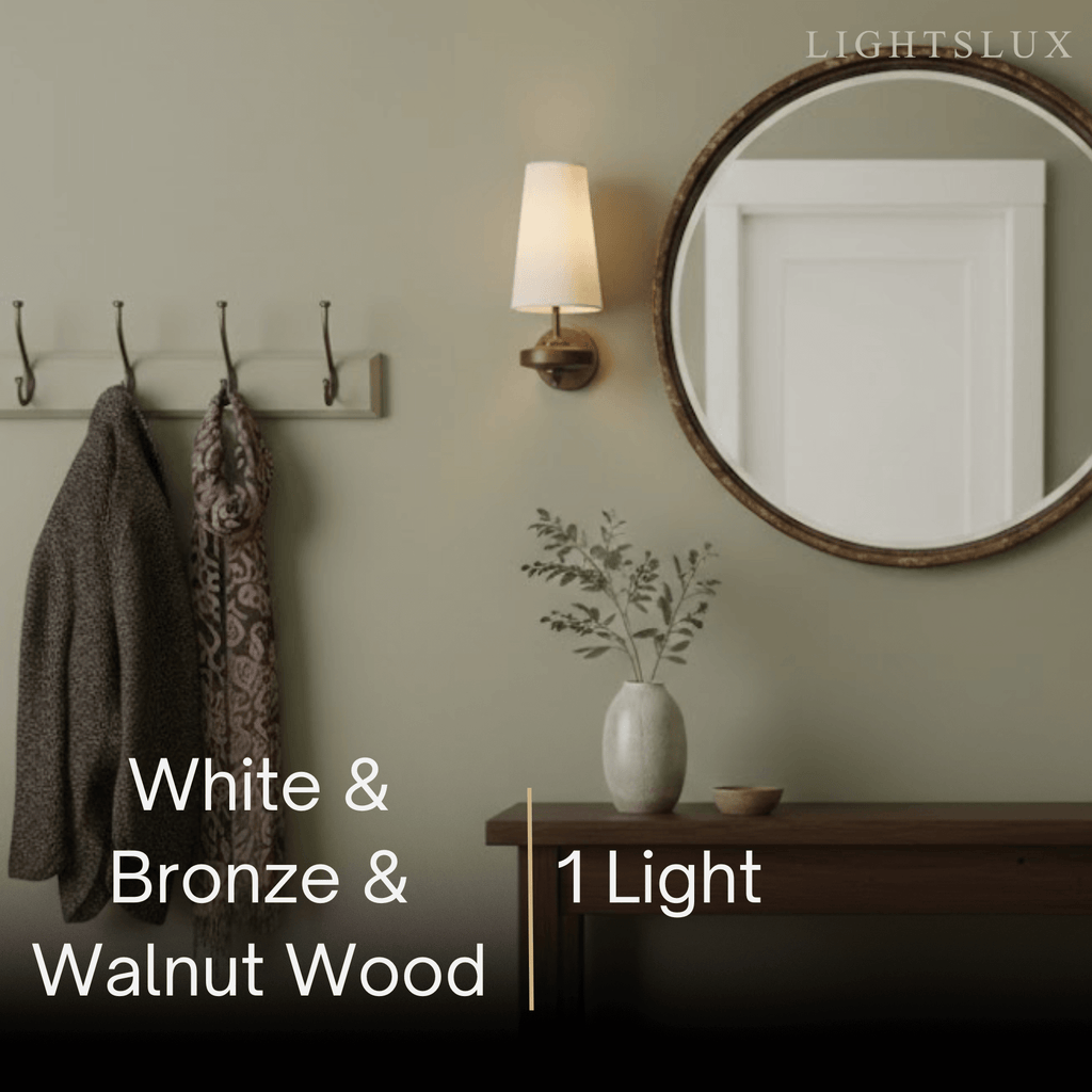 Mid-Century Wall Sconce – Fabric Shade and Wood Wall Light in Bronze for Bedroom - Flindria