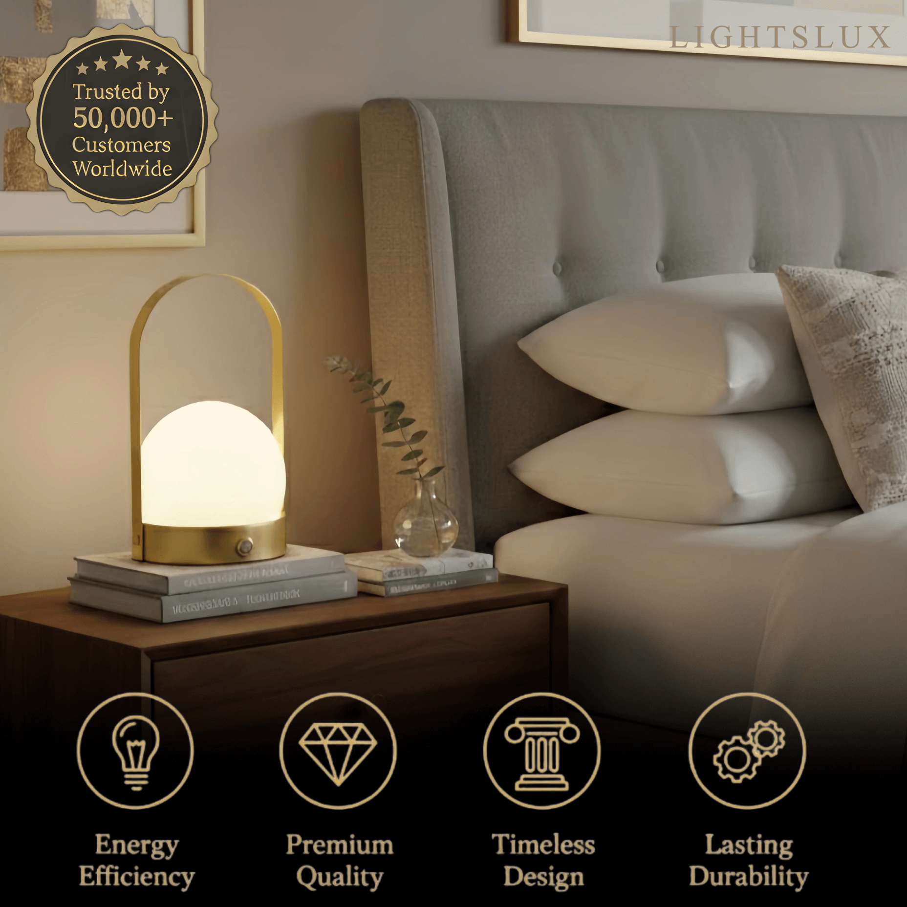 Moderne Bærbar Bordlampe – LED Glaslanterne med Håndtag i Guld, Sort eller Hvid - Flindria