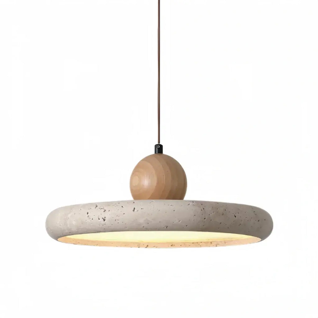 Modern Travertine Pendant Light – Wood and Stone LED Ceiling Lamp for Dining Room - Flindria