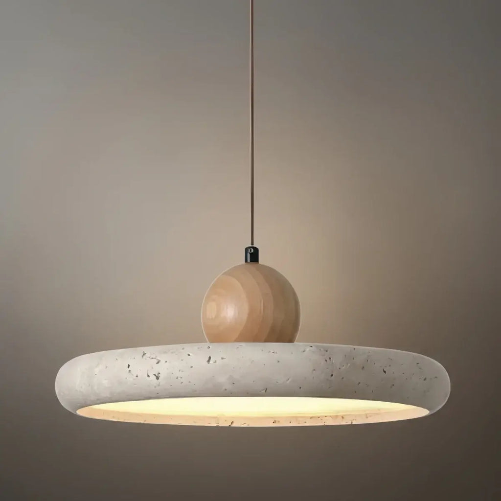 Modern Travertine Pendant Light – Wood and Stone LED Ceiling Lamp for Dining Room - Flindria