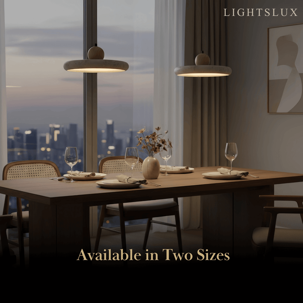 Modern Travertine Pendant Light – Wood and Stone LED Ceiling Lamp for Dining Room - Flindria