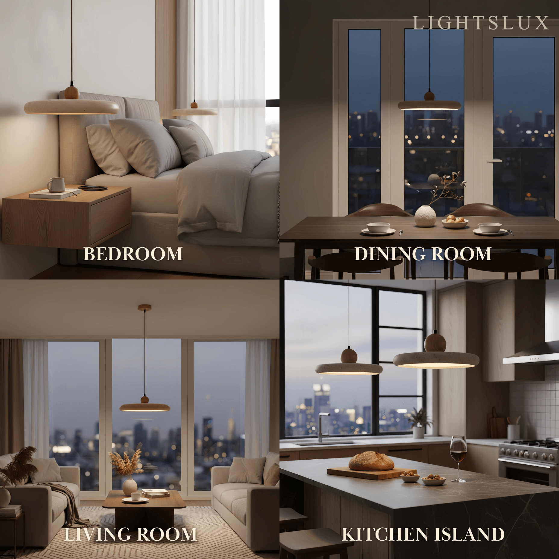 Modern Travertine Pendant Light – Wood and Stone LED Ceiling Lamp for Dining Room - Flindria